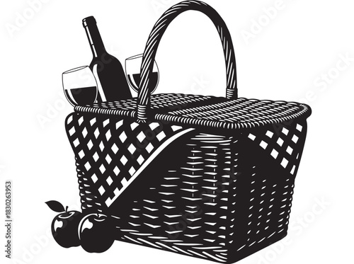 Charming picnic basket with wine and apples evokes feelings of summer fun and outdoor relaxation, perfect for lifestyle designs, invitations, and promoting leisure activities