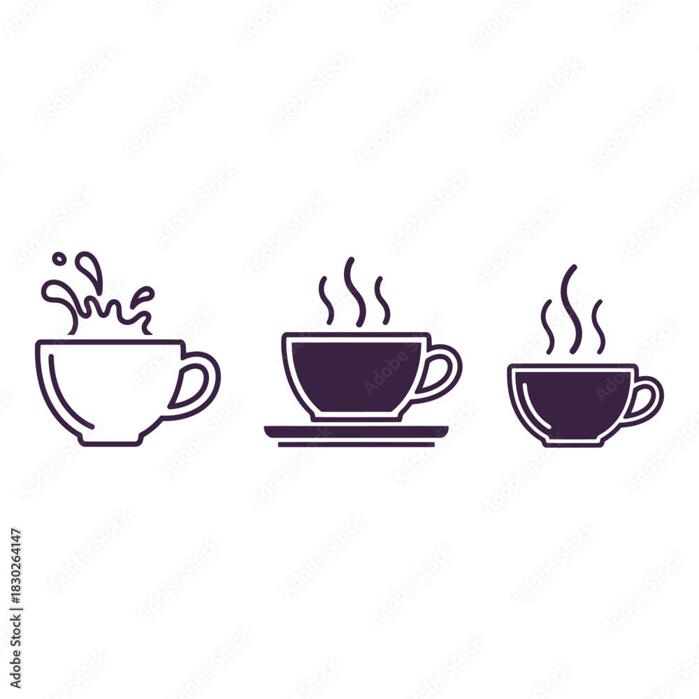 Obraz premium Minimalist Coffee Cups with Steam and Splash Icon Set for Cafe Menu Design and Branding Elements Featuring Hot Beverages