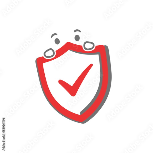 Cartoon style security shield with red checkmark and peeking eyes concept for digital safety and verification on white background