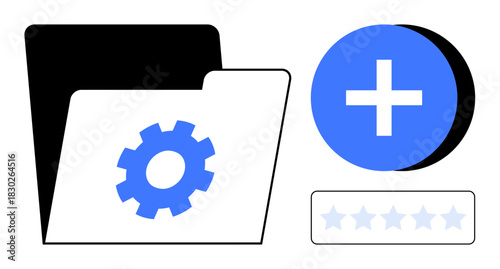 File management concept. Digital folder with gear icon, add button, and rating stars for organization. File management for data organization, app design, cloud storage, productivity tools
