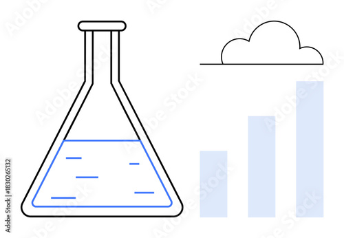 Data science concept. Laboratory flask scientific research, paired with a cloud and bar chart to data science and analytics. Ideal for laboratory, research, technology, statistics, and innovation