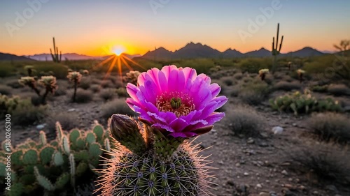 Blooming cactus flower displayed against the colorful sunrise in desert landscape