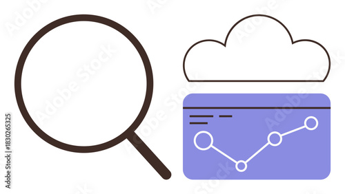Magnifying glass focusing on a graph beneath a cloud, symbolizing analysis, cloud computing, data insights, research, information visualization, digital trends, marketing analytics. Ideal for tech