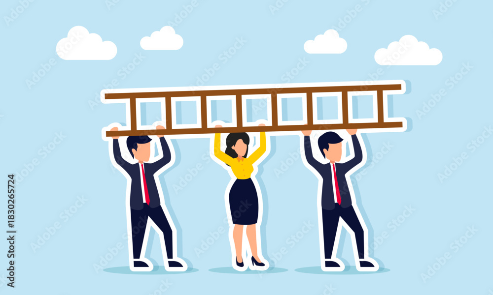 Obraz premium Business people working together to lift a ladder illustrating teamwork and collaboration to complete a business project