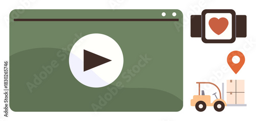 Play button on media player, smartwatch with heart symbol, forklift moving goods, location pin. Ideal for technology, e-commerce, logistics, health monitoring, digital media innovation modern