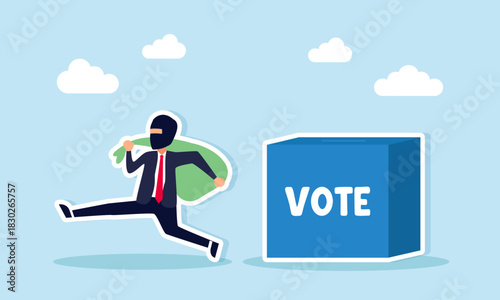 Thief stealing ballots from a vote box illustrating fraud and manipulation in a democratic election or a board meeting