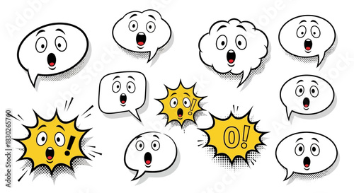Surprised cartoon speech bubbles with halftone shading ideal for comic style graphic design