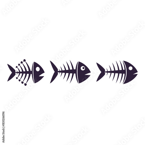 Three Fish Bone Illustrations on a White Background Depicting Different Stages of Consumption and Skeletal Structure