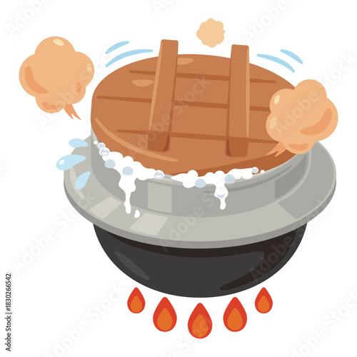 沸騰してお湯が吹きこぼれる釜炊き用釜／Illustration of a Boiling Kamado Pot with Overflowing Water