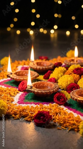 Traditional Diwali Diya Lamps on Colorful Rangoli with Marigold Flowers