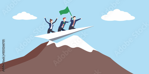 Business team flying paper airplane over mountain top achieving success