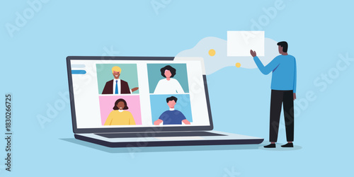 Virtual meeting presentation with diverse team on laptop screen illustration
