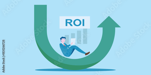 Businessman riding upward trend arrow representing return on investment growth