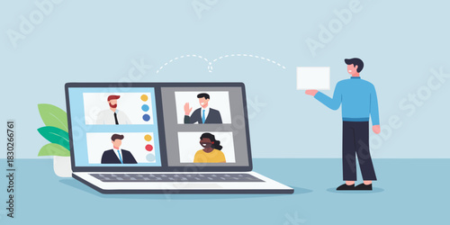 Online meeting with diverse team members and presenter with blank card