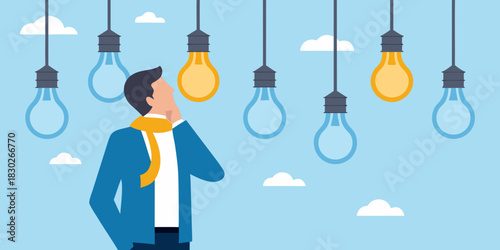 Man in suit contemplating ideas represented by light bulbs hanging above