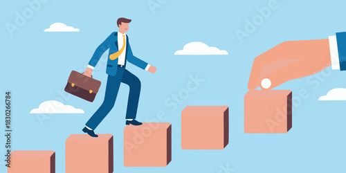 Businessman climbing steps with assistance career growth and support concept illustration