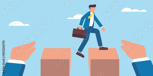 Businessman crossing the gap with support business challenge and opportunity