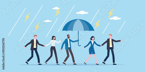 Business team walking together under umbrella during rain and lightning storm