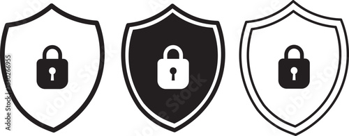 Editable stroke shield icon set, Flat silhouette vector icons of protective shields, check mark vectors iconographic, Isolated on transparent background.

