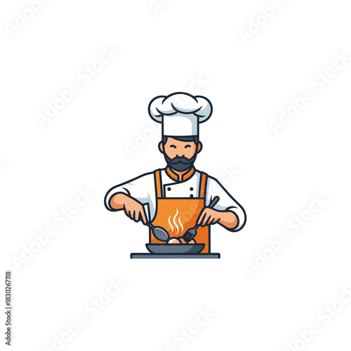 Professional chef character cooking delicious meal in a pan preparing food for a restaurant kitchen or culinary event