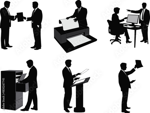 Business office worker silhouettes, corporate employee actions, workplace activity icons, professional staff tasks vector set, management teamwork illustration graphics