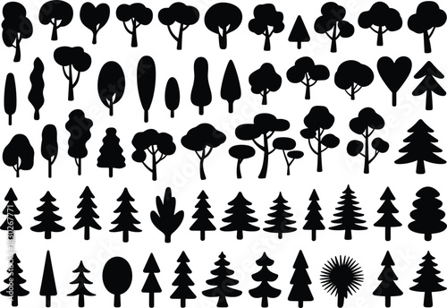Tree silhouette collection in varied shapes and styles, black vector illustration set for design, landscape planning, educational use, or stock image template