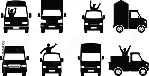 Truck and van silhouettes, people celebrating inside vehicles, transportation graphic icons, commercial vehicle illustration set, delivery trucks design elements for stock use
