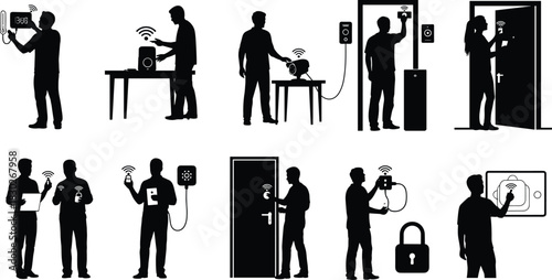 Smart home technology usage silhouette set with devices and users, black vector illustration for automation, lifestyle, or digital control-themed stock image template