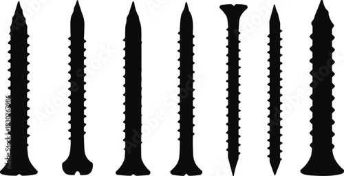 Screw silhouette set vertical layout, flat head round countersunk thread variation, black vector illustration for hardware construction mechanical stock image template