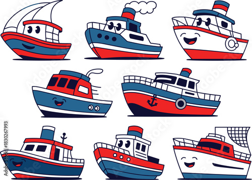 Nine cute cartoon boat and ship characters, marine travel vessels, smiling faces, offering a playful set of unique nautical transport icons and watercraft silhouettes suitable for maritime industry, o