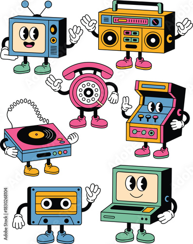 Playful retro technology devices and electronic gadgets anthropomorphic cartoon character collection set, featuring vintage TV, boombox, computer, turntable, cassette tape, rotary phone, and classic a