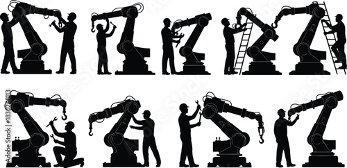 Robotic arm operation and maintenance silhouette set with technicians and tools, black vector illustration for automation, industry, or robotics-themed stock image template