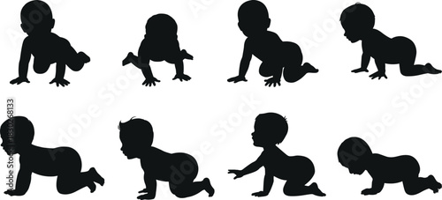Crawling baby silhouettes collection, infant movement poses, adorable child crawling variations, newborn development stages, playful toddler actions, childcare design elements
