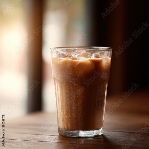 refreshing iced coffee in glass cup with condensation, cozy cafe setting, warm tones