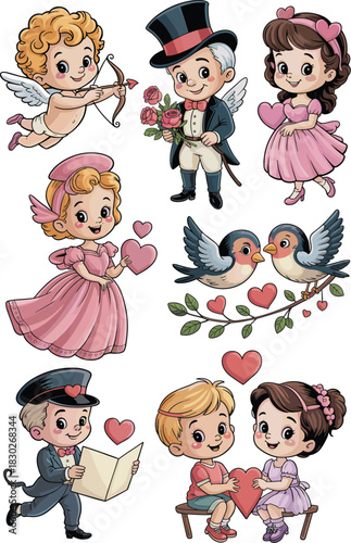 Whimsical cartoon Valentine's Day collection featuring adorable chibi characters, Cupid shooting an arrow, charming romantic couples, a postman delivering a love letter, elegant ladies, and sweet love
