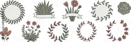 Earthy botanical hand-drawn vector element collection featuring rustic sage green wreaths, dusty pink floral laurels, isolated succulents, grass bunches, and simple flower illustrations with blank ban