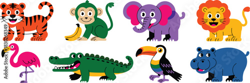A cute collection of exotic safari and jungle animals including a bright orange tiger, playful monkey, purple elephant, proud lion, pink flamingo, green crocodile, colorful toucan, and blue hippopotam