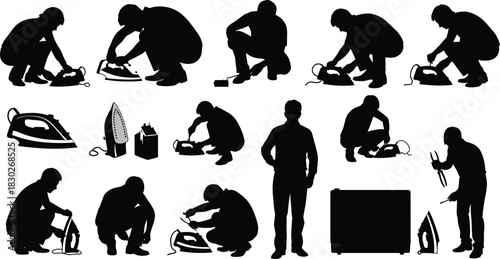 Iron, repair, silhouette, maintenance, appliance, tool, kneeling, squatting, standing, vector, black, box, caulking, inspection, adjustment, assembly, household, task, pose, flavector