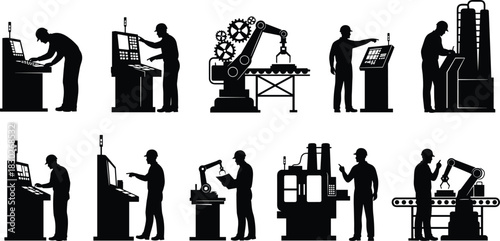 Industrial, automation, silhouette, factory, machinery, robotics, control, panel, CNC, conveyor, vector, black, technician, equipment, operation, system, technology, process, engineering, flavector