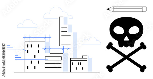 High-rise buildings under construction with scaffolding, skull and crossbones warning, pencil on top. Ideal for safety, architecture, design process, engineering, warning, urban planning hazard