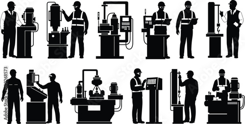 Industrial machinery and worker silhouette set with CNC, lathe, and testing equipment, black vector illustration for manufacturing, engineering, or safety-themed stock image