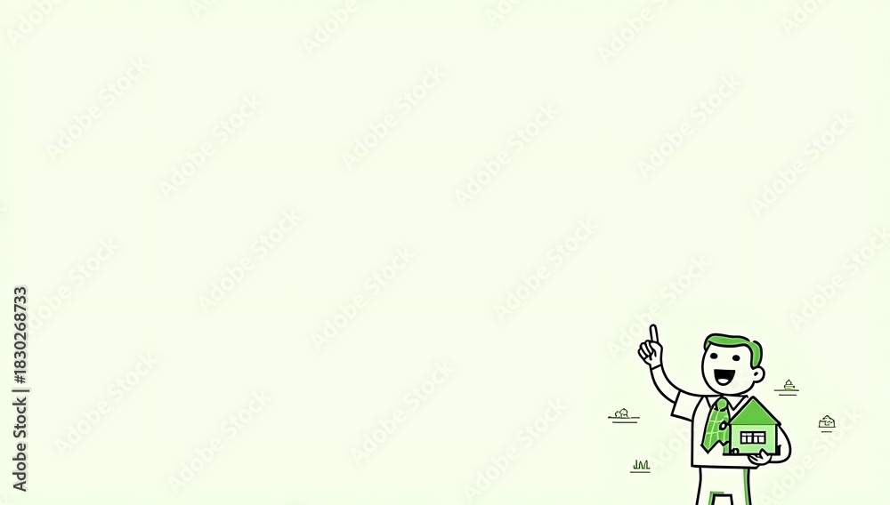 Fototapeta premium A clean minimal illustration of a designer holding a prototype eco-friendly packaging box while pointing upward to explain sustainable design. Green accents, flat line-art style, modern clipart for bu