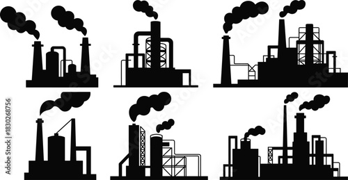  Industrial factory silhouette set with smokestacks and equipment, black vector illustration for pollution, energy, manufacturing, or environmental impact stock image template