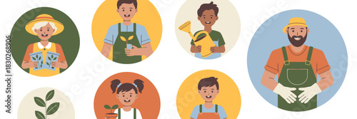 A diverse group of happy gardeners, agricultural workers, and smiling farm community members, including senior adults, young adults, teens, and children, holding seedlings, seeds, and planting tools,