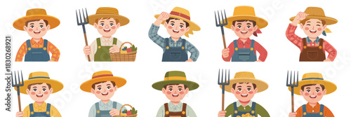 A vibrant collection of ten cheerful young male farmers, agricultural workers depicted as diverse cartoon vector avatars smiling happily, holding pitchforks and fresh harvest baskets, ready for rural