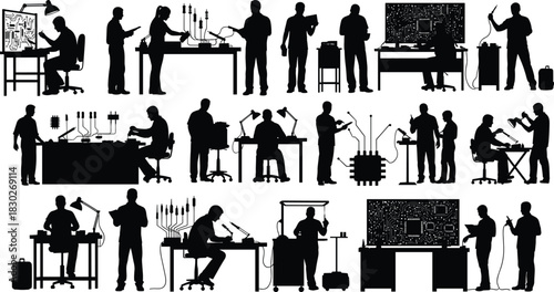 Electronics and engineering activity silhouette set with circuit boards, tools, and robotic arms, black vector illustration for STEM, lab, or tech-themed stock image