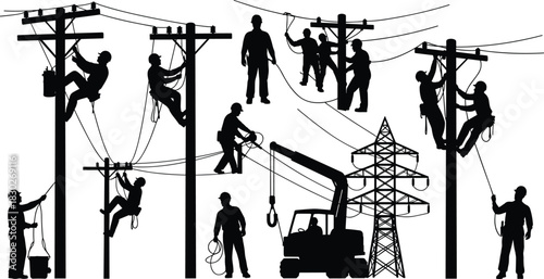 Electrical line workers with utility poles, bucket truck, and transmission tower, black silhouette vector illustration for power maintenance, infrastructure, or safety-themed stock image
