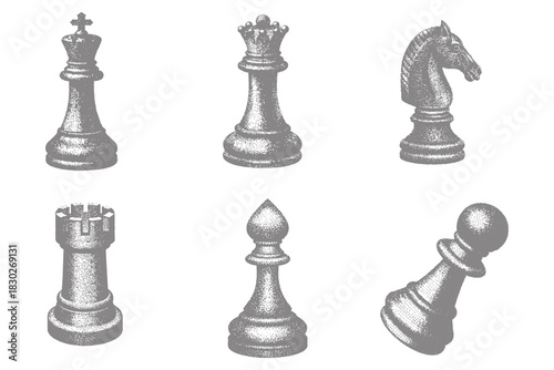 Retro chess pieces, king, queen, bishop, knight, rook, pawn illustration. Vintage chess pieces collection for engraving design. Eps 10