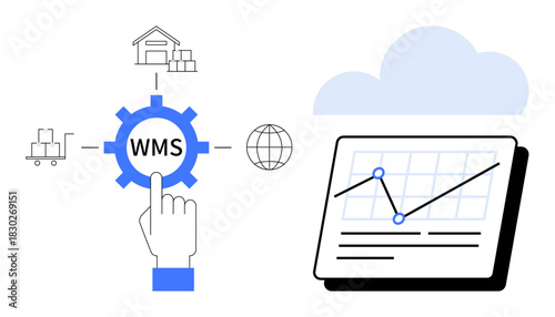 Hand interacting with WMS gear connecting warehouse, globe, logistics icons. Chart on a tablet with analytics. Ideal for supply chain, logistics, technology, inventory, automation data monitoring