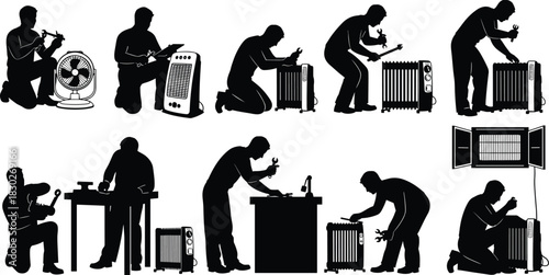 Electric heater and fan repair silhouette set with tools and technicians, black vector illustration for appliance maintenance, safety, or instructional stock image template